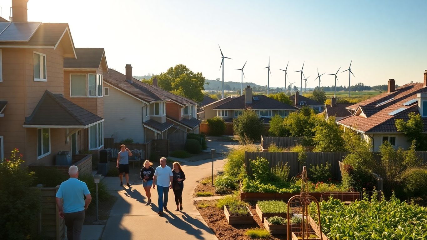 Neighborhood with solar panels and wind turbines.
