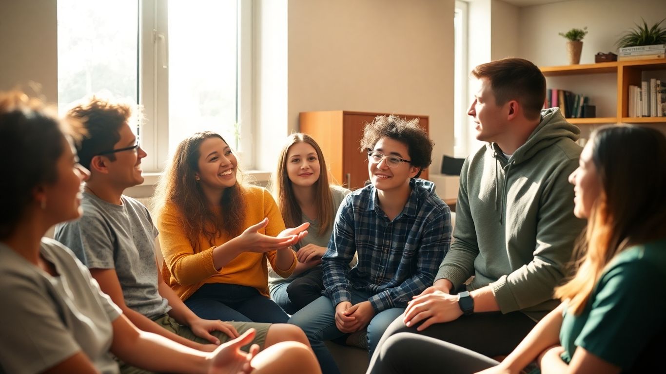 People talking calmly in a hostel common room.