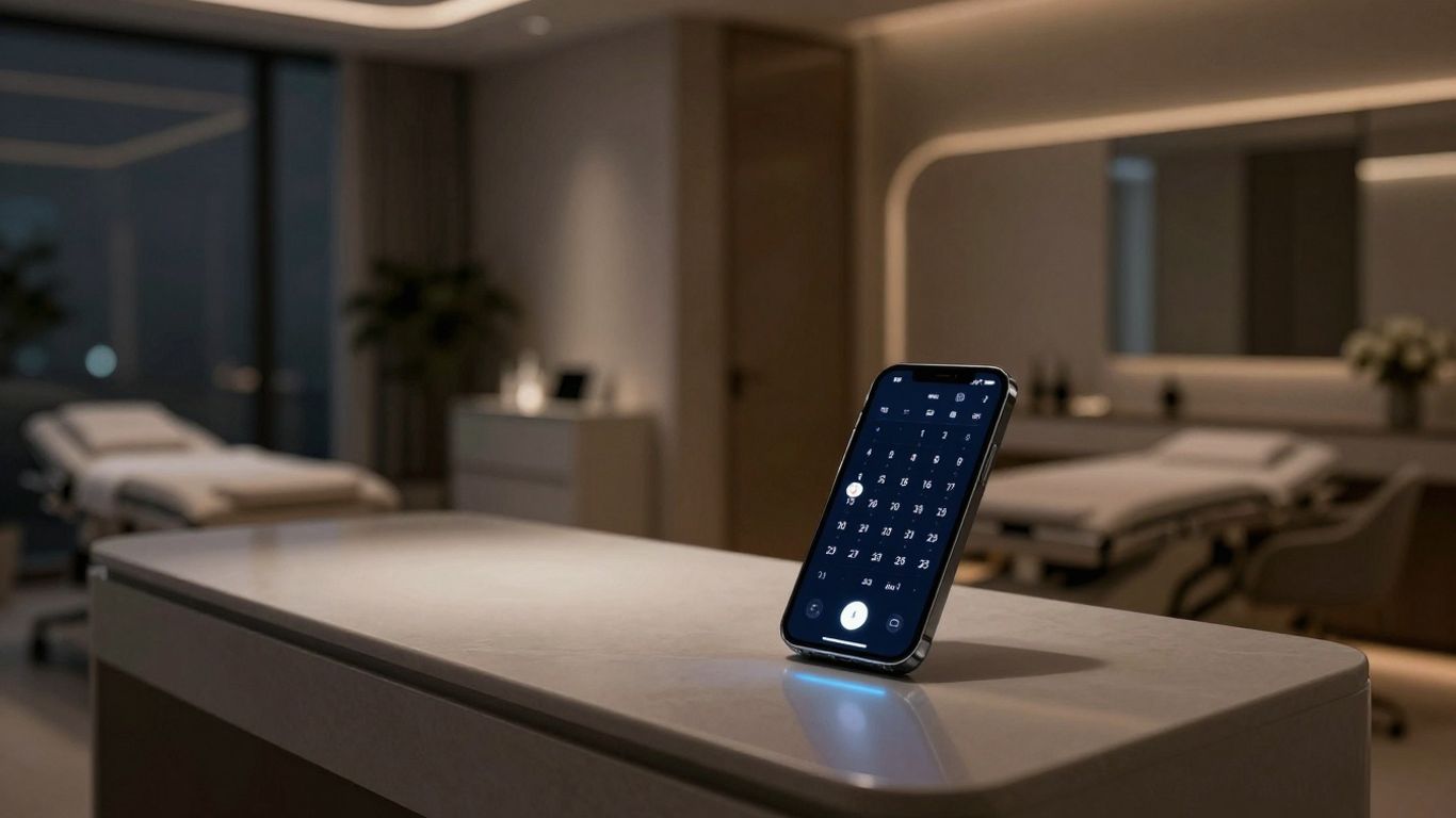 Aesthetic clinic reception at night with a phone showing appointments.