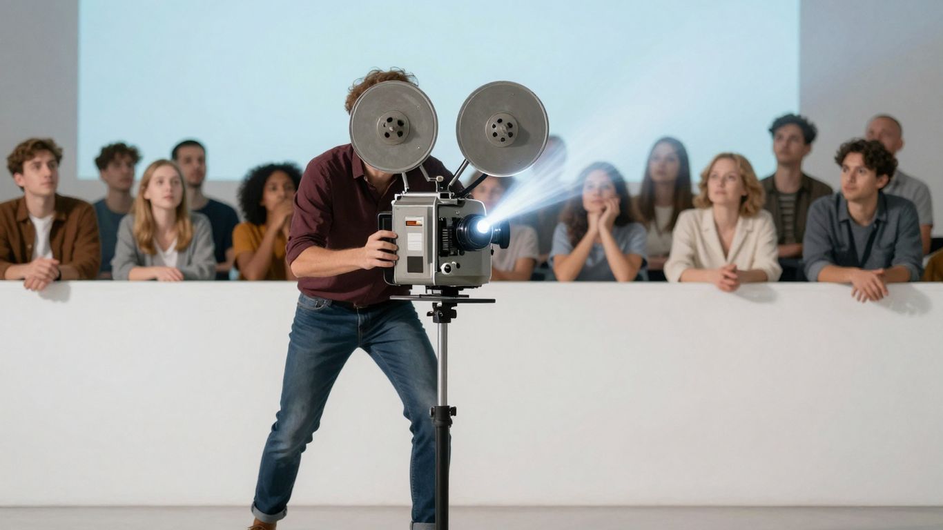 Proiector de film vechi iluminând o mulțime de oameni.