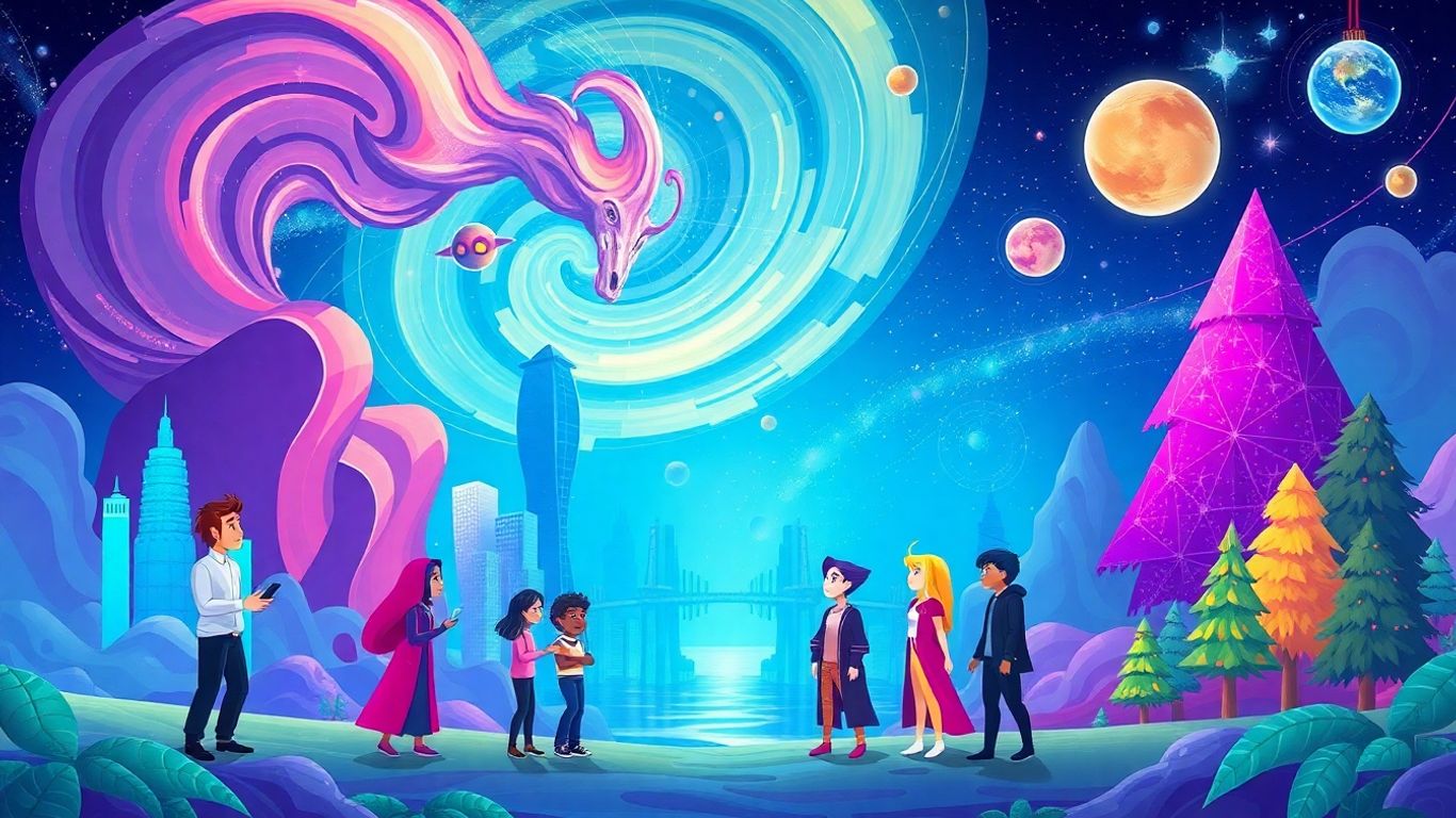Diverse AI chatbot characters in fantastical digital landscapes.