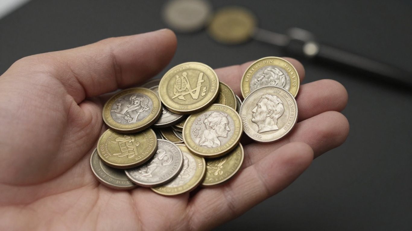 Hand holding various old gold and silver coins.