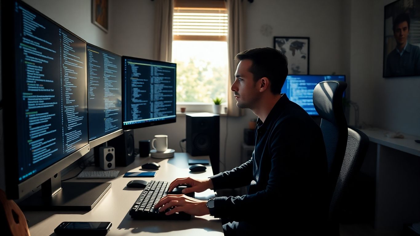 Programmer coding on multiple monitors at home.