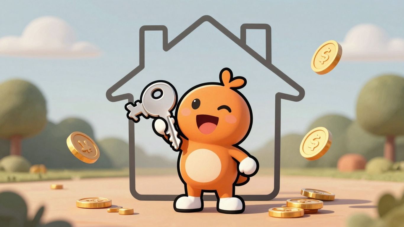 Cartoon character with key and house outline.