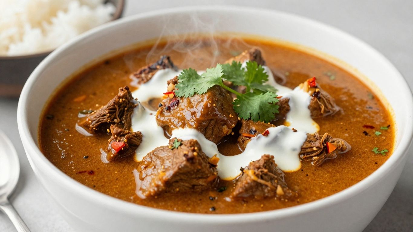 Mutton curry in a bowl with rice