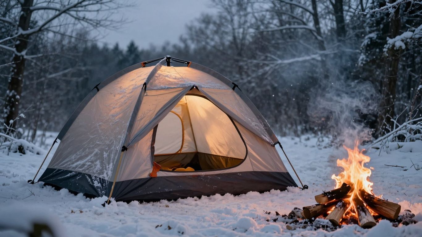 Insulated tent in a snowy landscape at dusk.