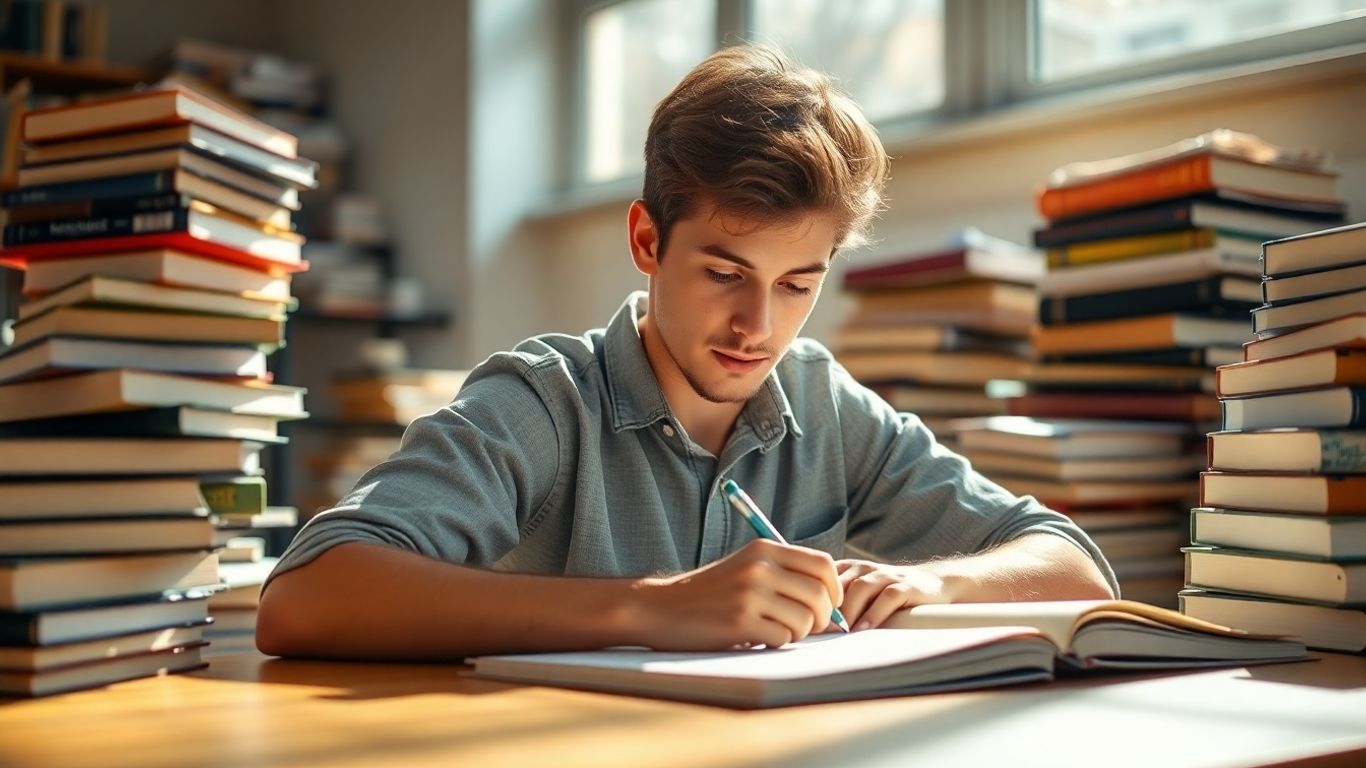 Student writing an essay, books, desk, sunlight.