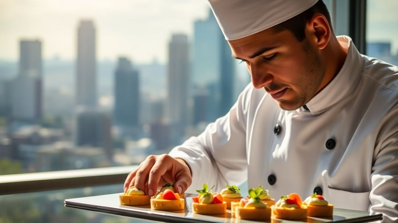 Chef arranging food, cityscape background.