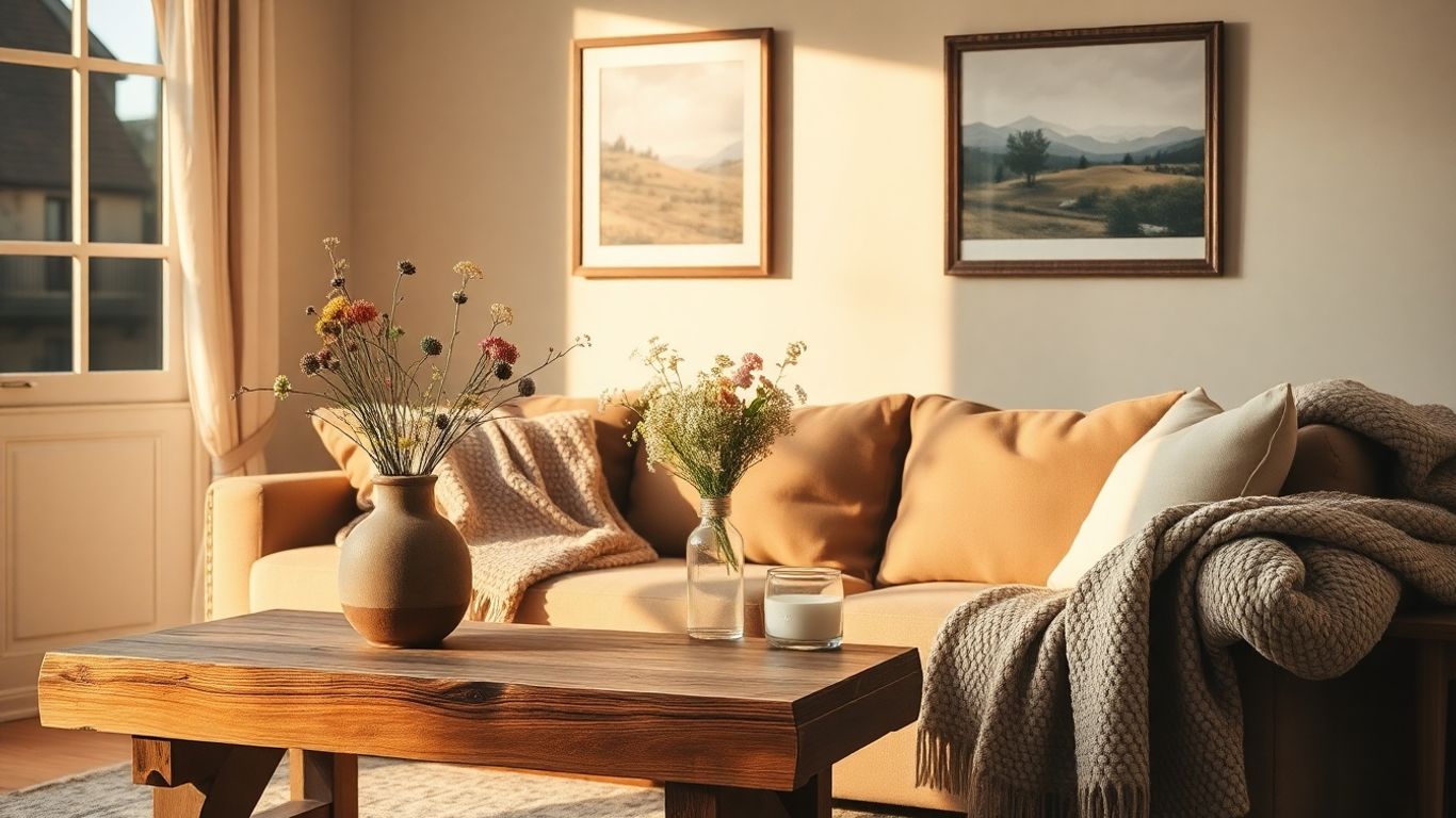 Cozy country living room with rustic decor and wall art.