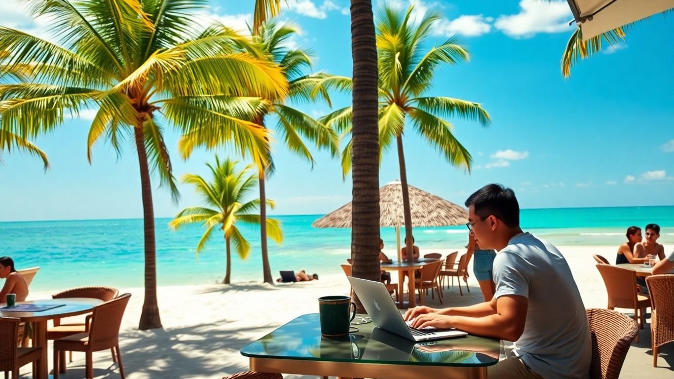 Digital nomad working on laptop on a sunny Phuket beach.