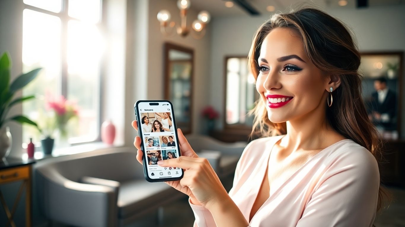 Woman smiling with beauty salon social media on phone.