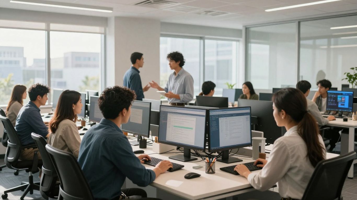 Oameni interacționând într-un birou modern, luminos.