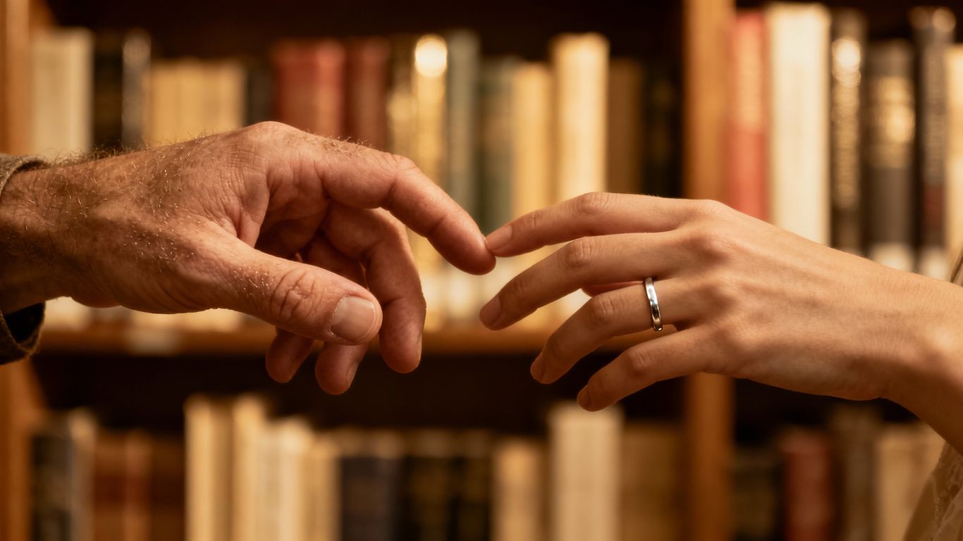 Hands reaching, books in background, warm light.