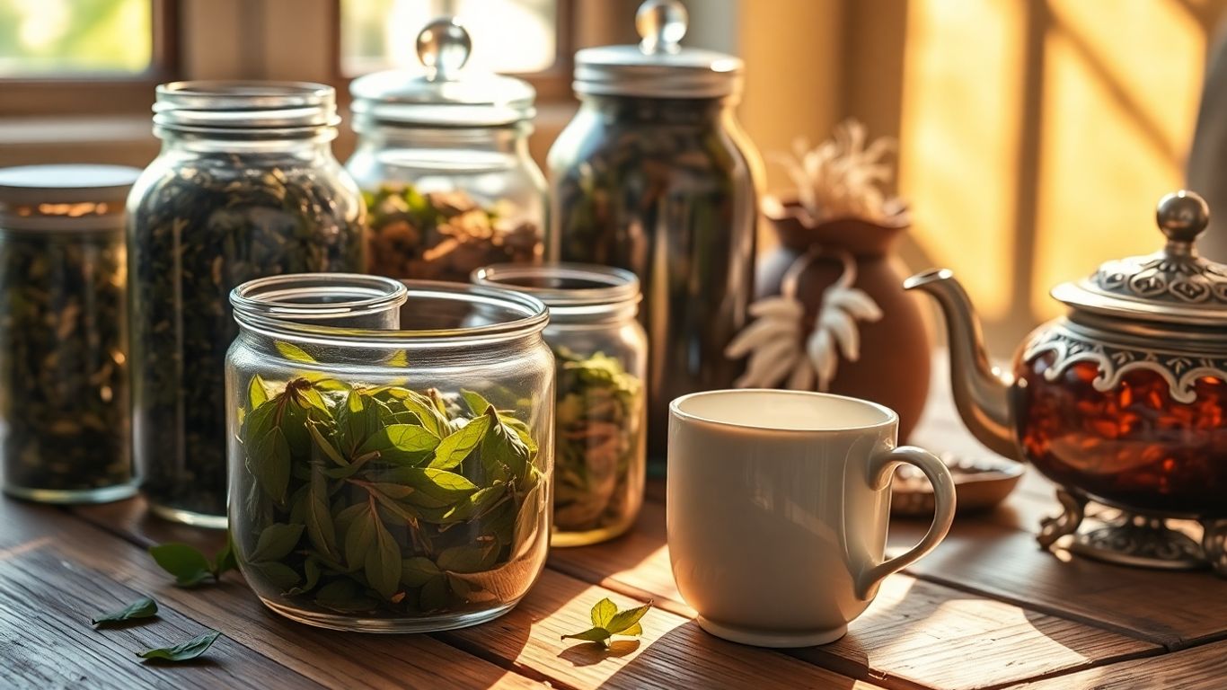 Elegant tea jars and steaming mug on a wooden table.