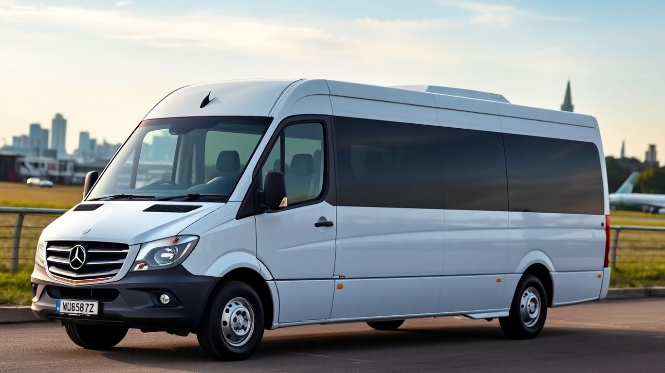 Modern minibus at Heathrow with London skyline.