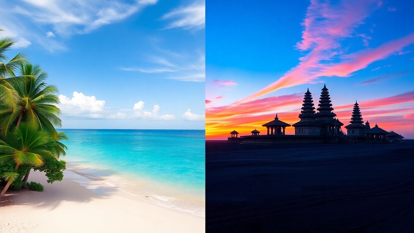 Phuket beach versus Bali beach with palm trees and temples.