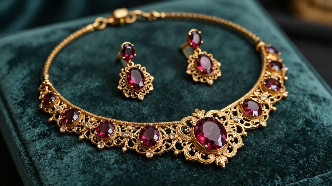 Victorian jewellery set with red gemstones.