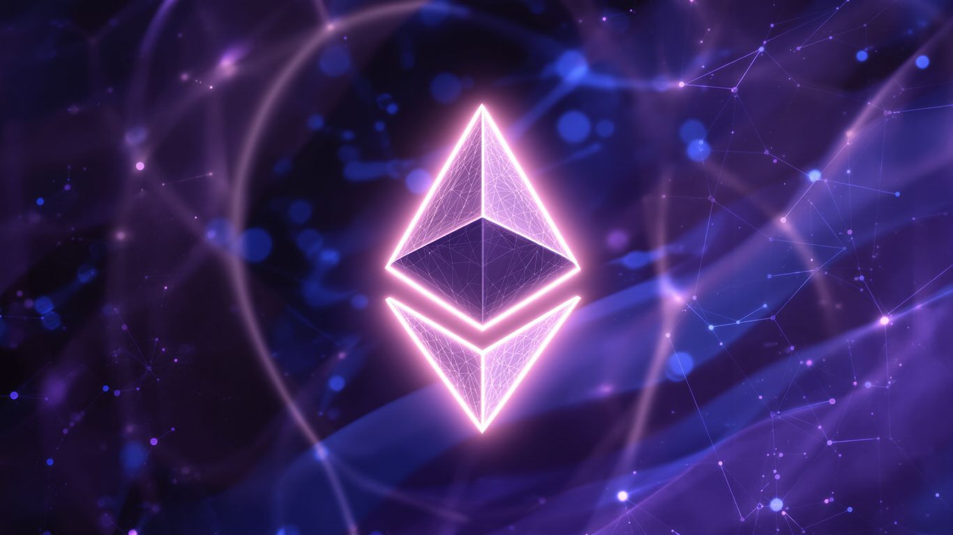Ethereum logo with translucent layers and digital patterns.