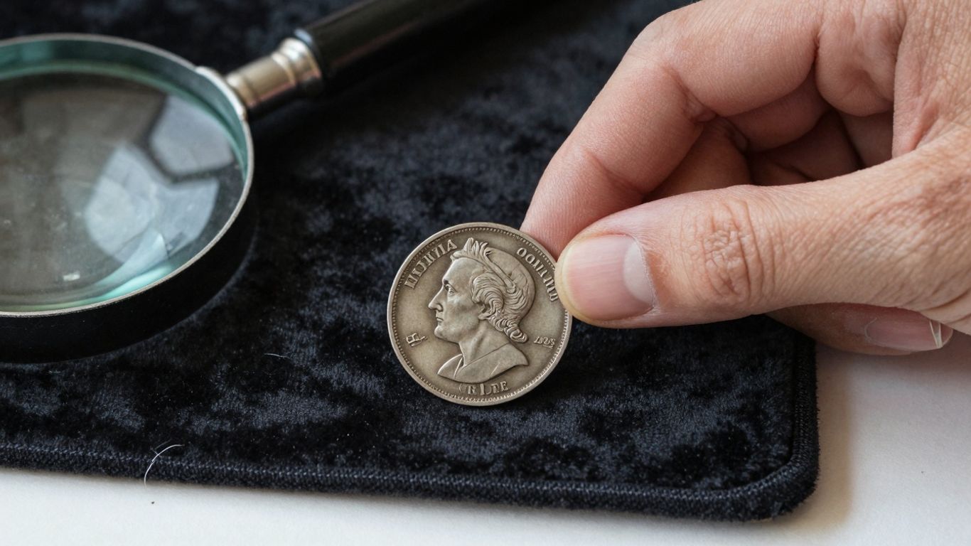 Hand holding a vintage coin with magnifying glass.