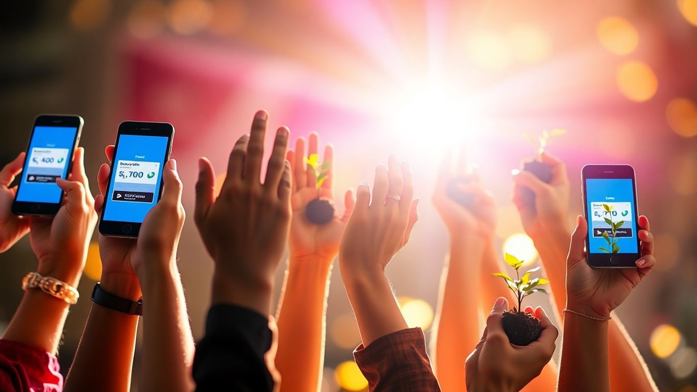 Hands interacting with digital devices and plants.