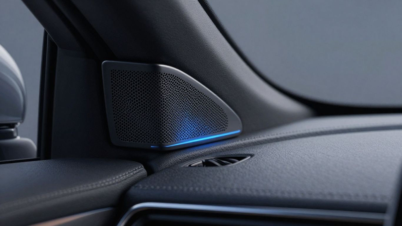 Electric car speaker grille with subtle blue light.