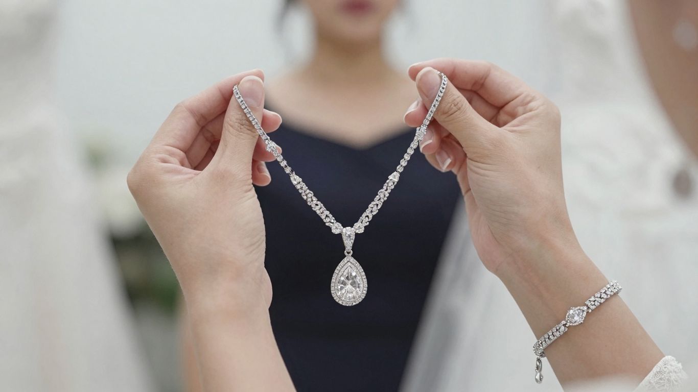 Bride holding a modern bridal jewellery set