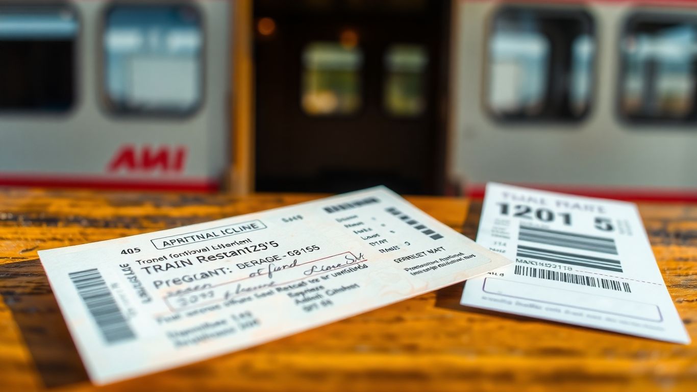 Bilhetes e passes de comboio em superfície de madeira.