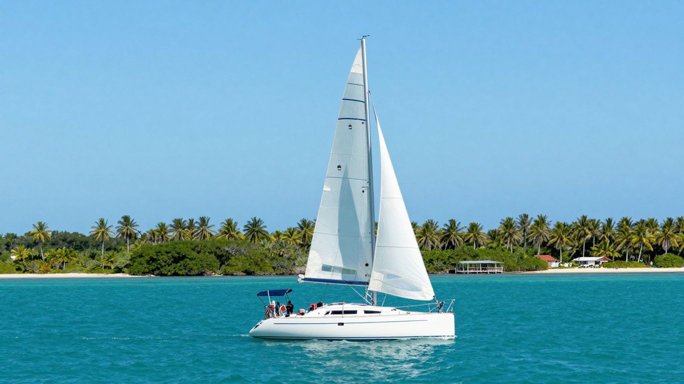 Sailboat navigating clear blue waters in the Florida Keys.