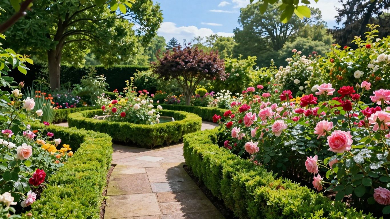 Mooie tuin met bloemen, paden en water.