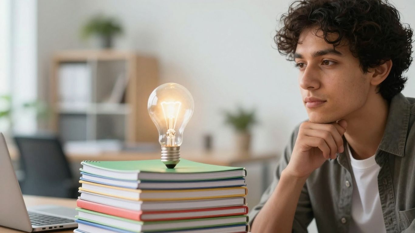 Person thinking about blog topic with lightbulb inspiration.