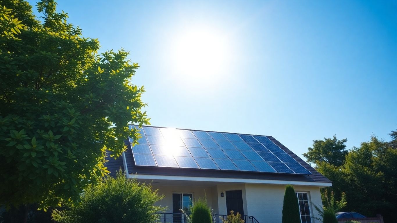House with solar panels under the sun.