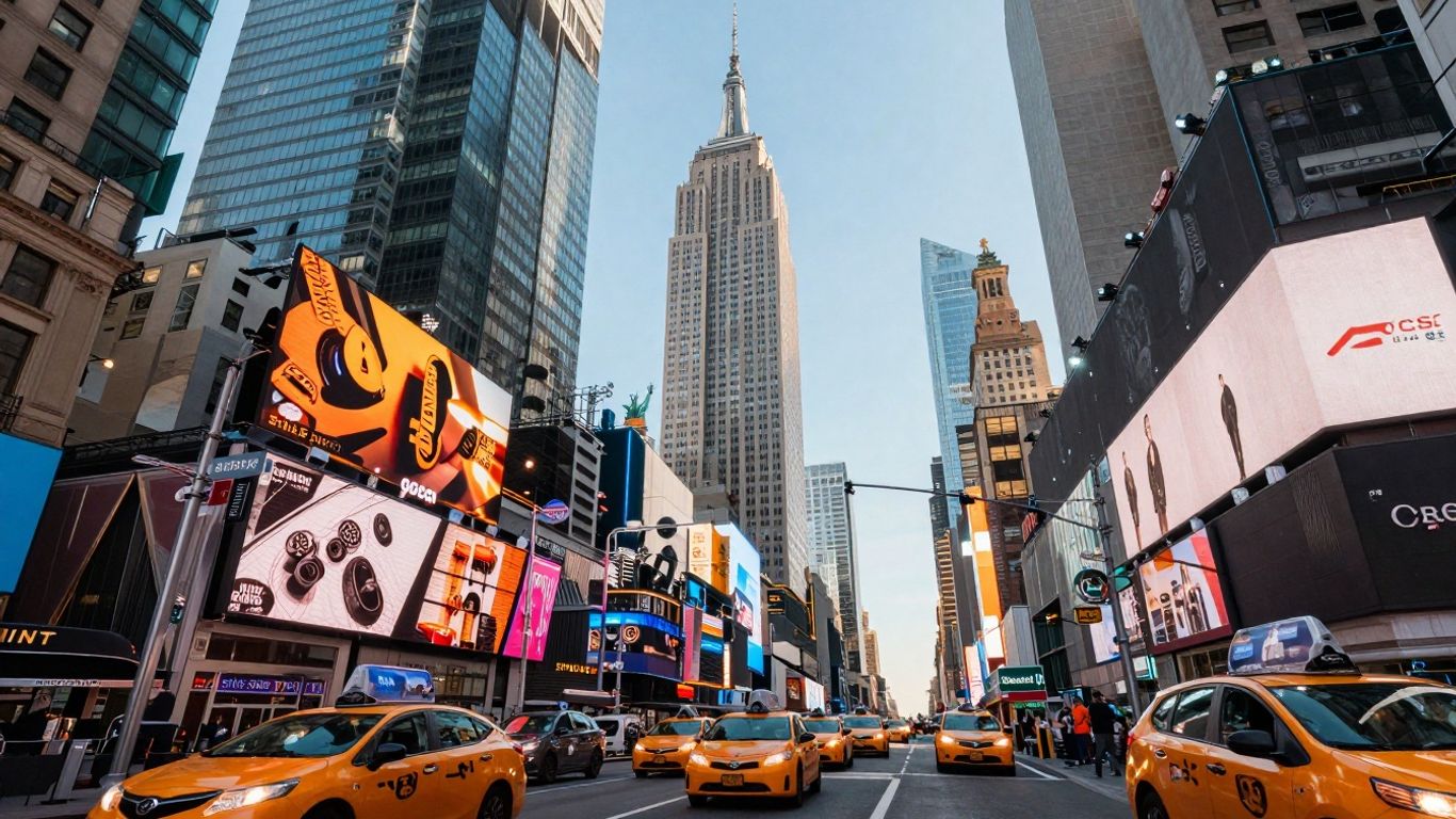 New York City skyline with iconic landmarks.