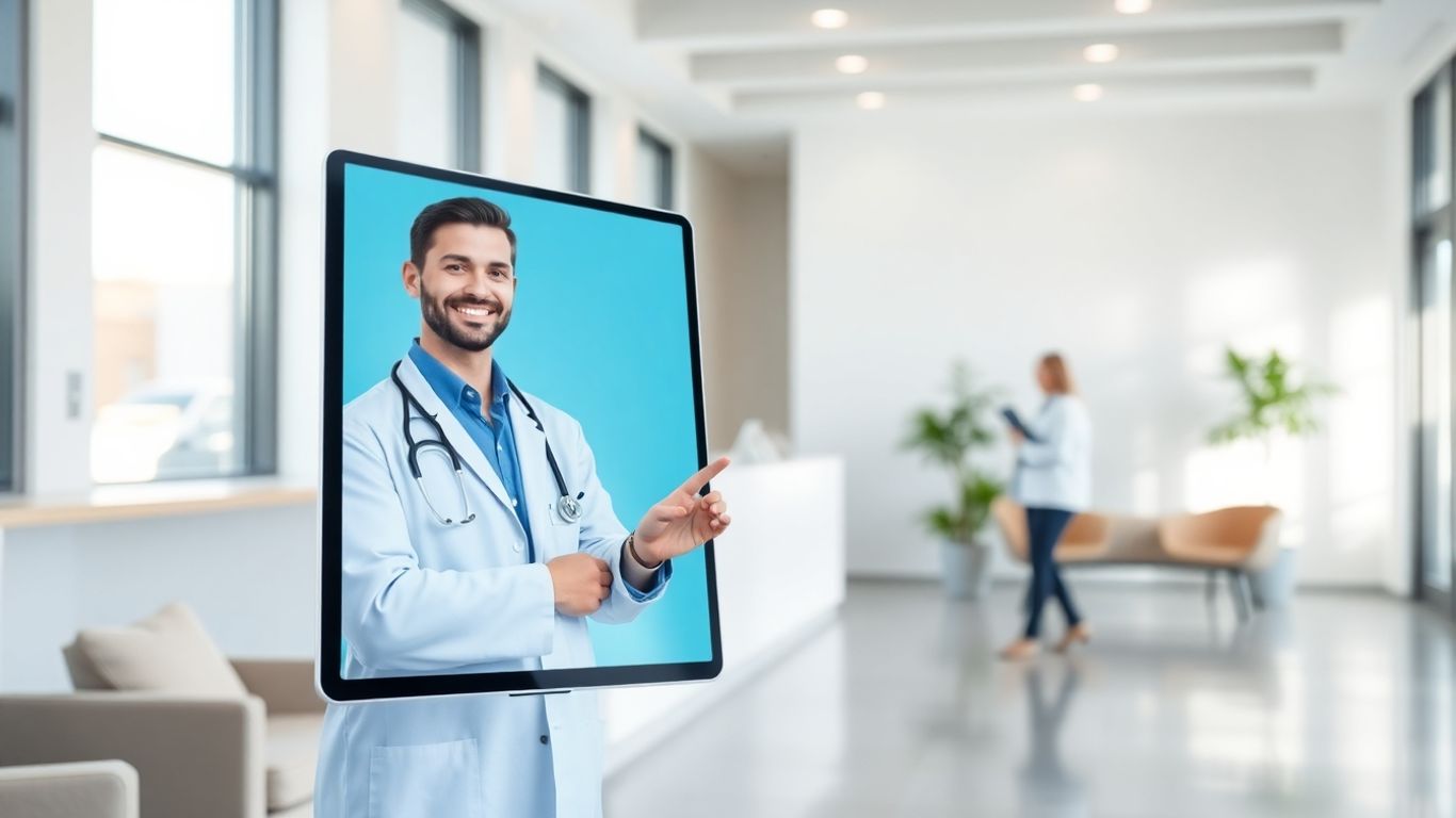 AI receptionist assisting a patient in a clinic.