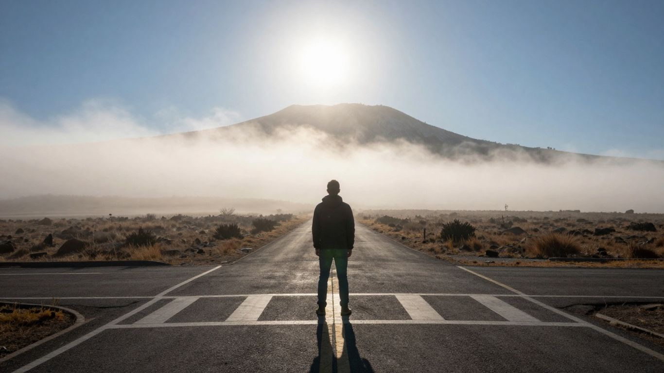 Person looking towards a bright, distant horizon.