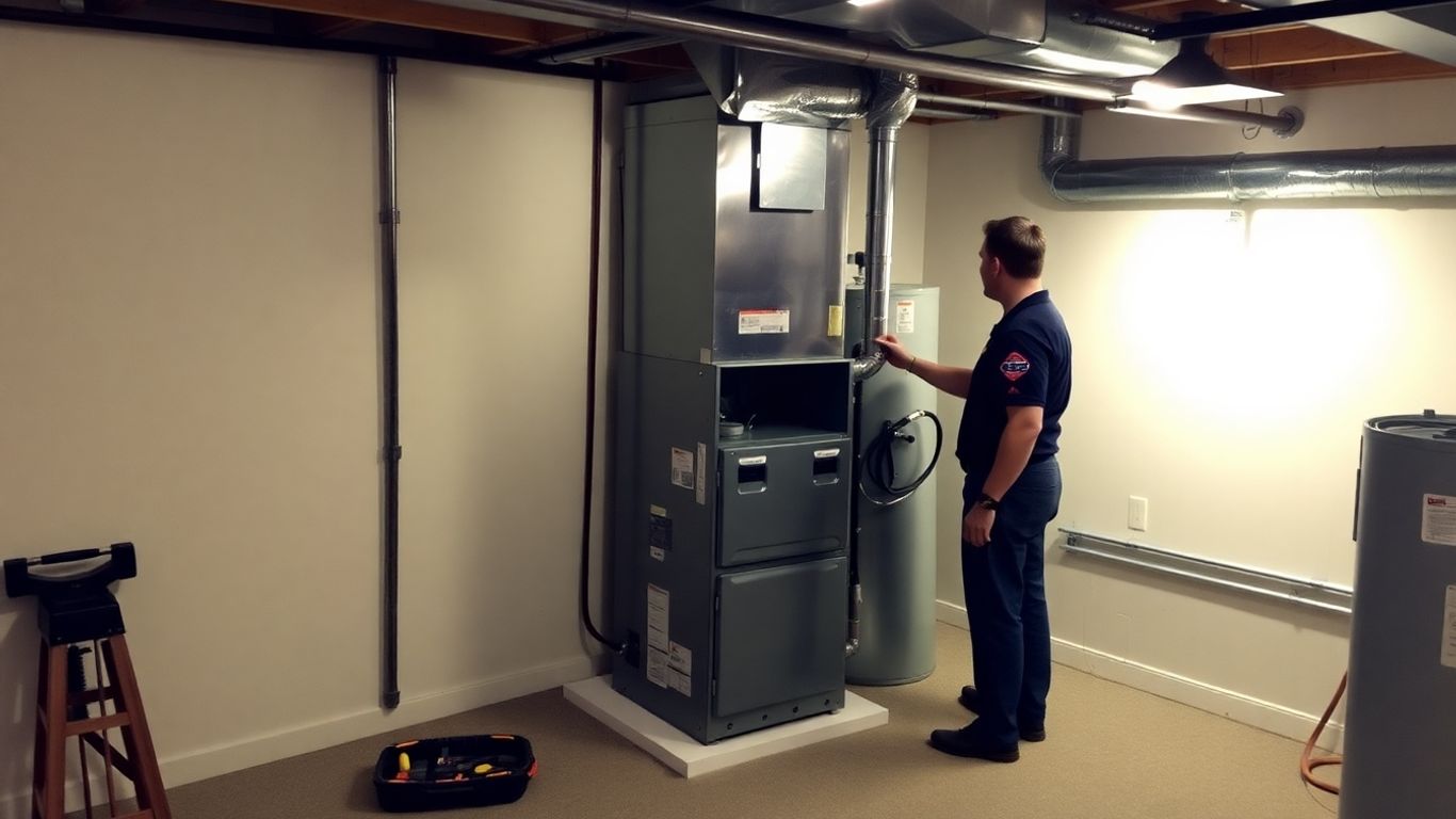 New furnace installation in a clean basement.