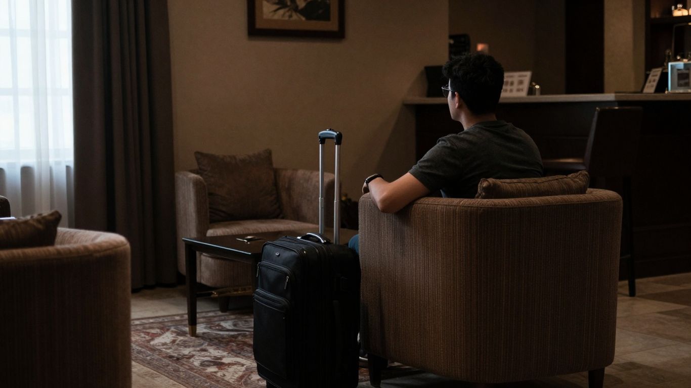 Traveler in hotel lobby during a layover.