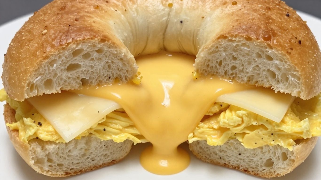 Egg and cheese bagel with melted cheese and scrambled eggs.