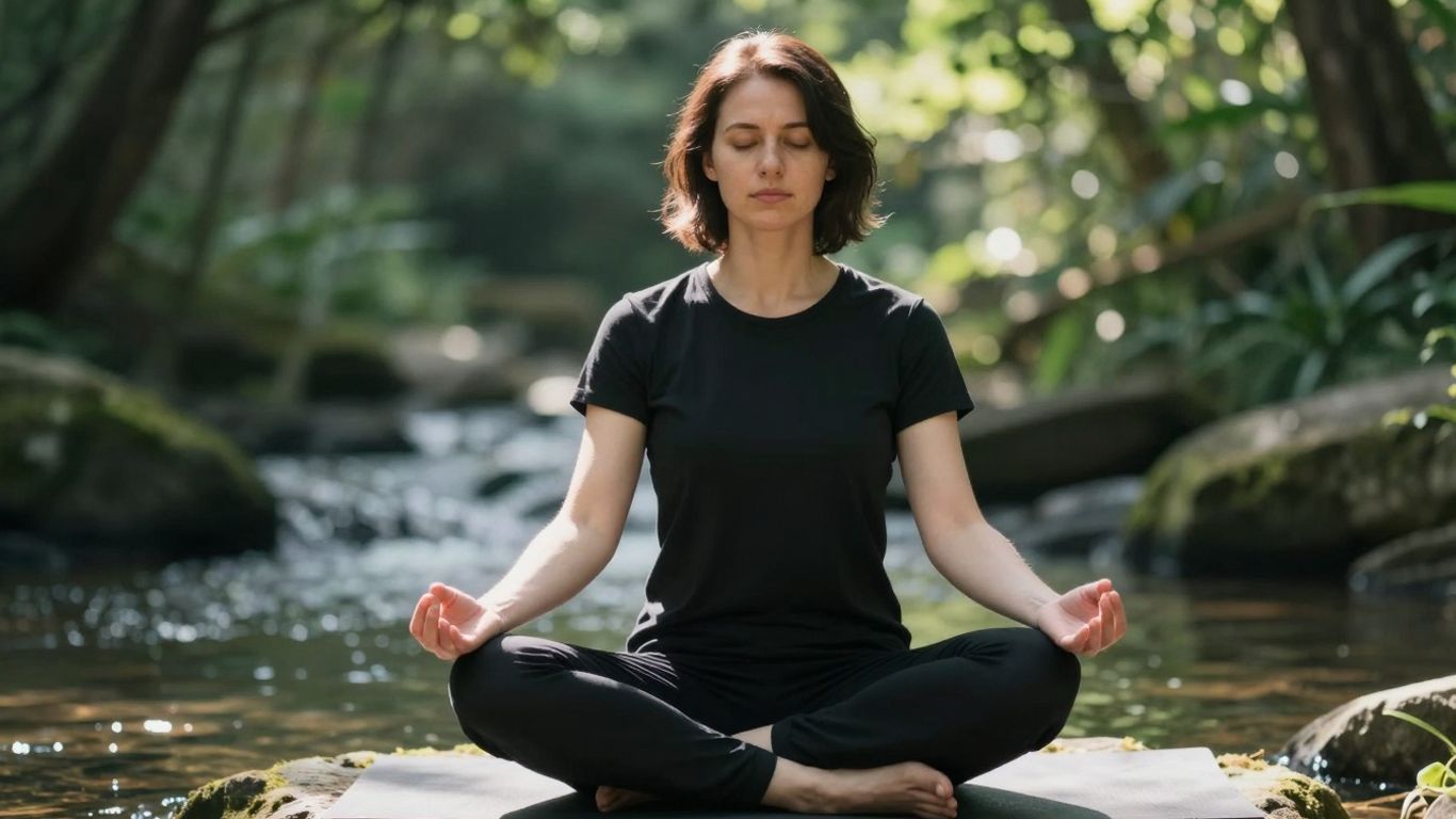 Person meditiert friedlich im Freien, umgeben von Natur.