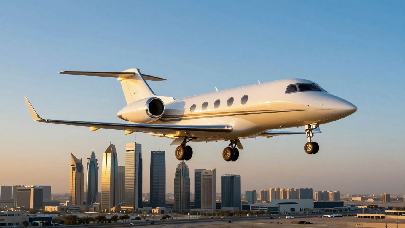 Private jet flying over Middle Eastern city skyline.