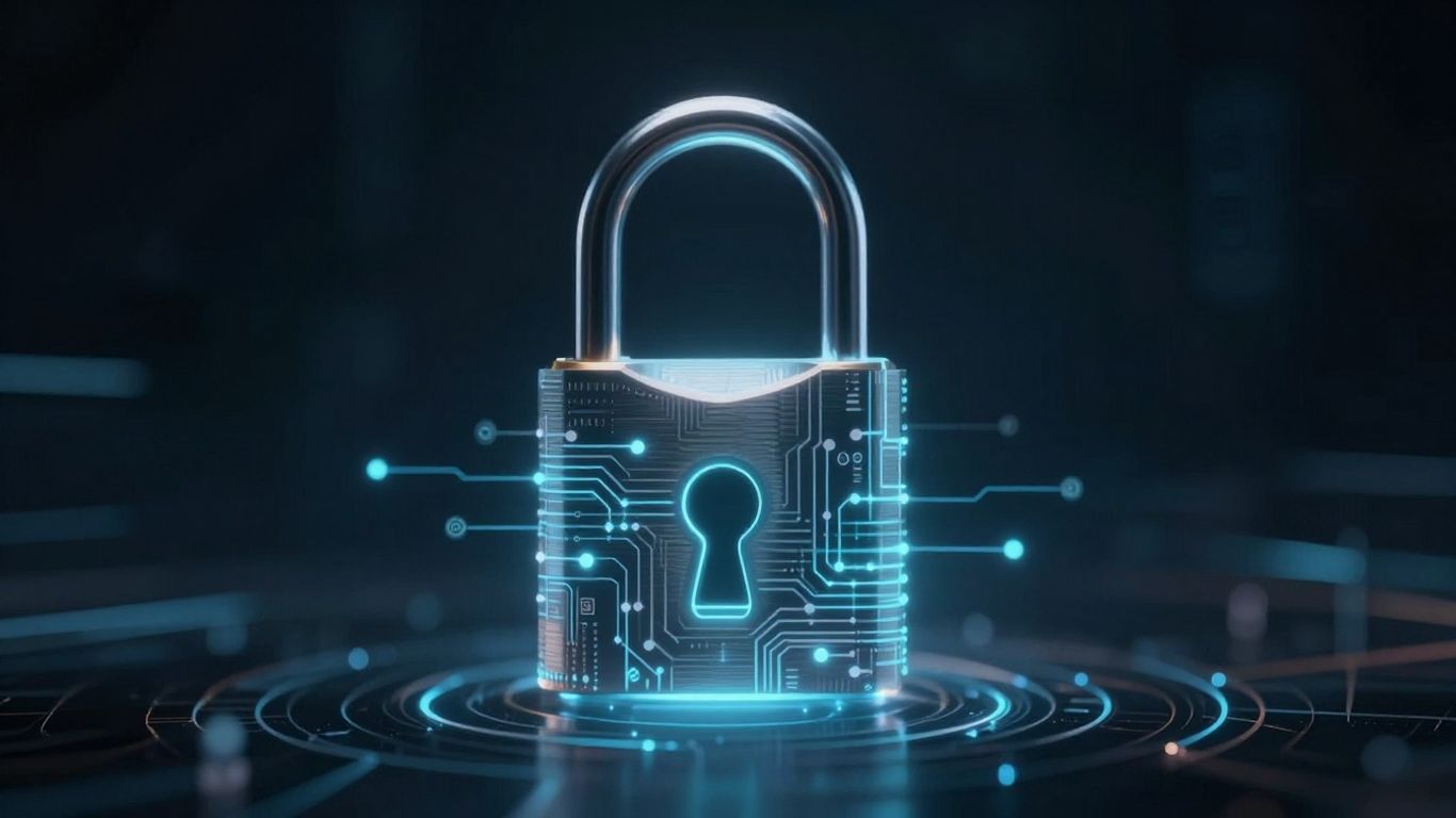 Cadeado digital com circuitos quânticos brilhantes.