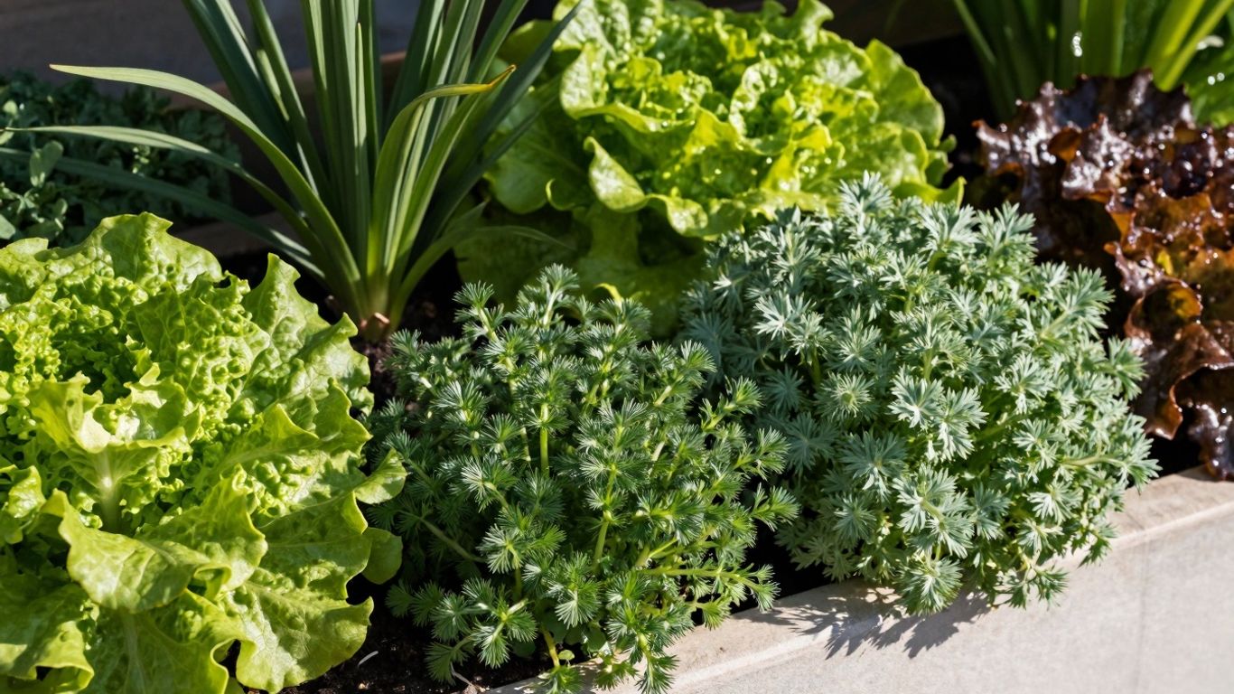 Vertikaler Garten mit Salat und Kräutern an einer Wand.