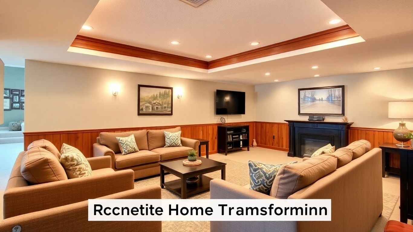 Finished basement living area with seating and warm lighting.