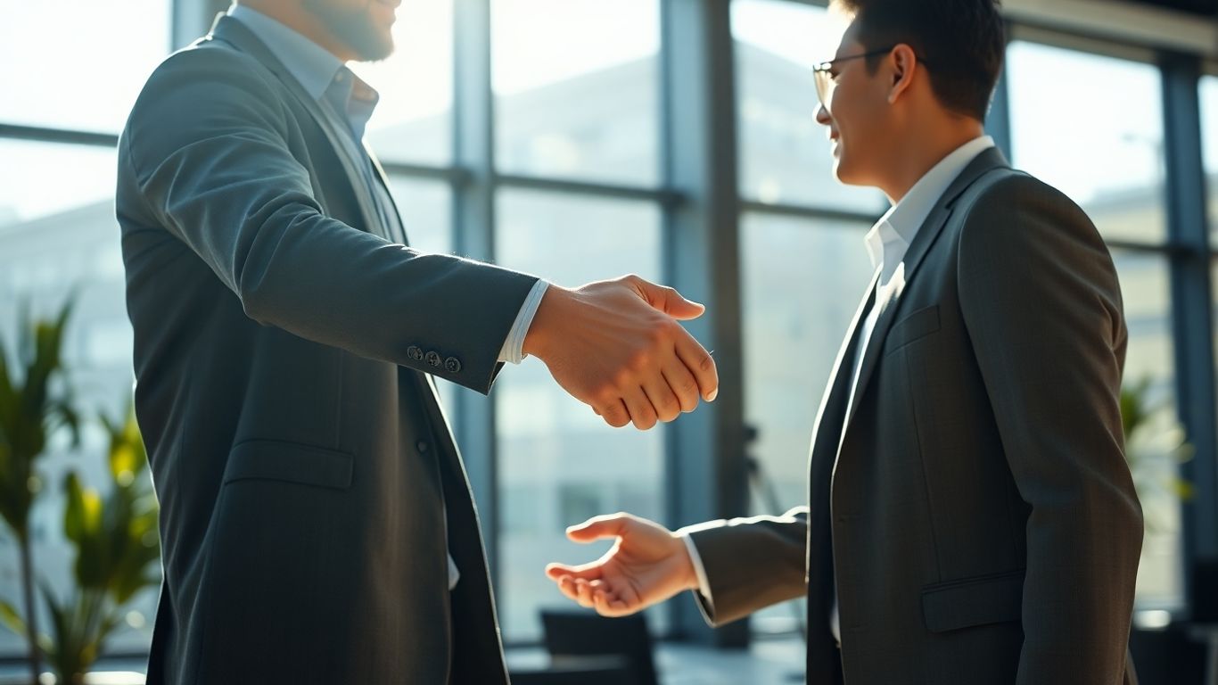 Business owner shaking hands with HR professional.