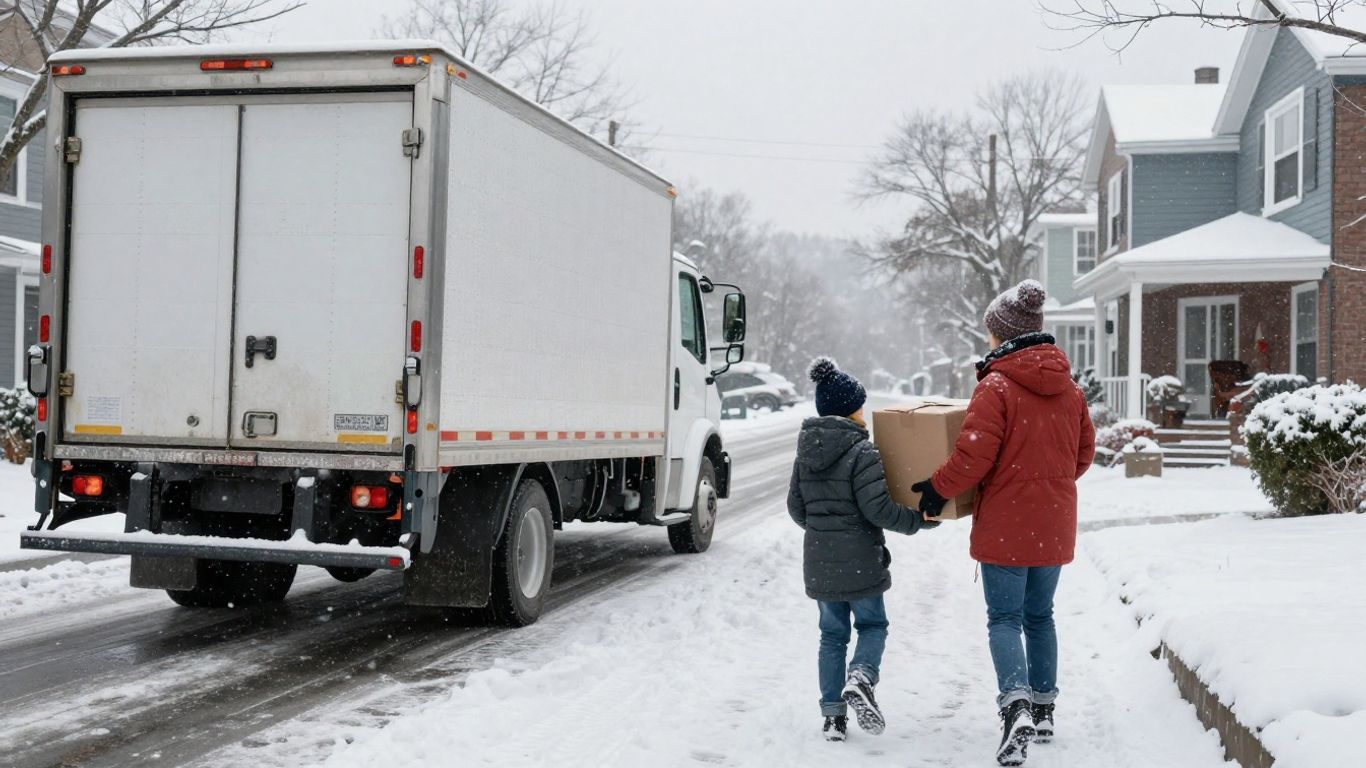 Moving truck on a snowy Lancaster, NY street in winter.