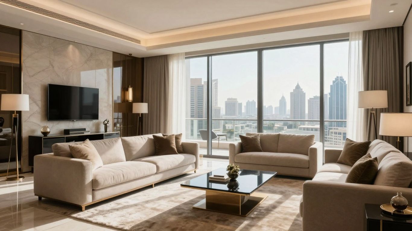 Luxurious Dubai serviced apartment interior with city views.