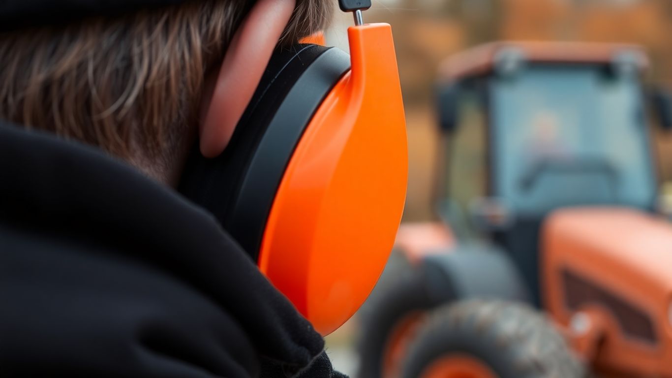 Person wearing earmuffs for hearing protection during outdoor work.
