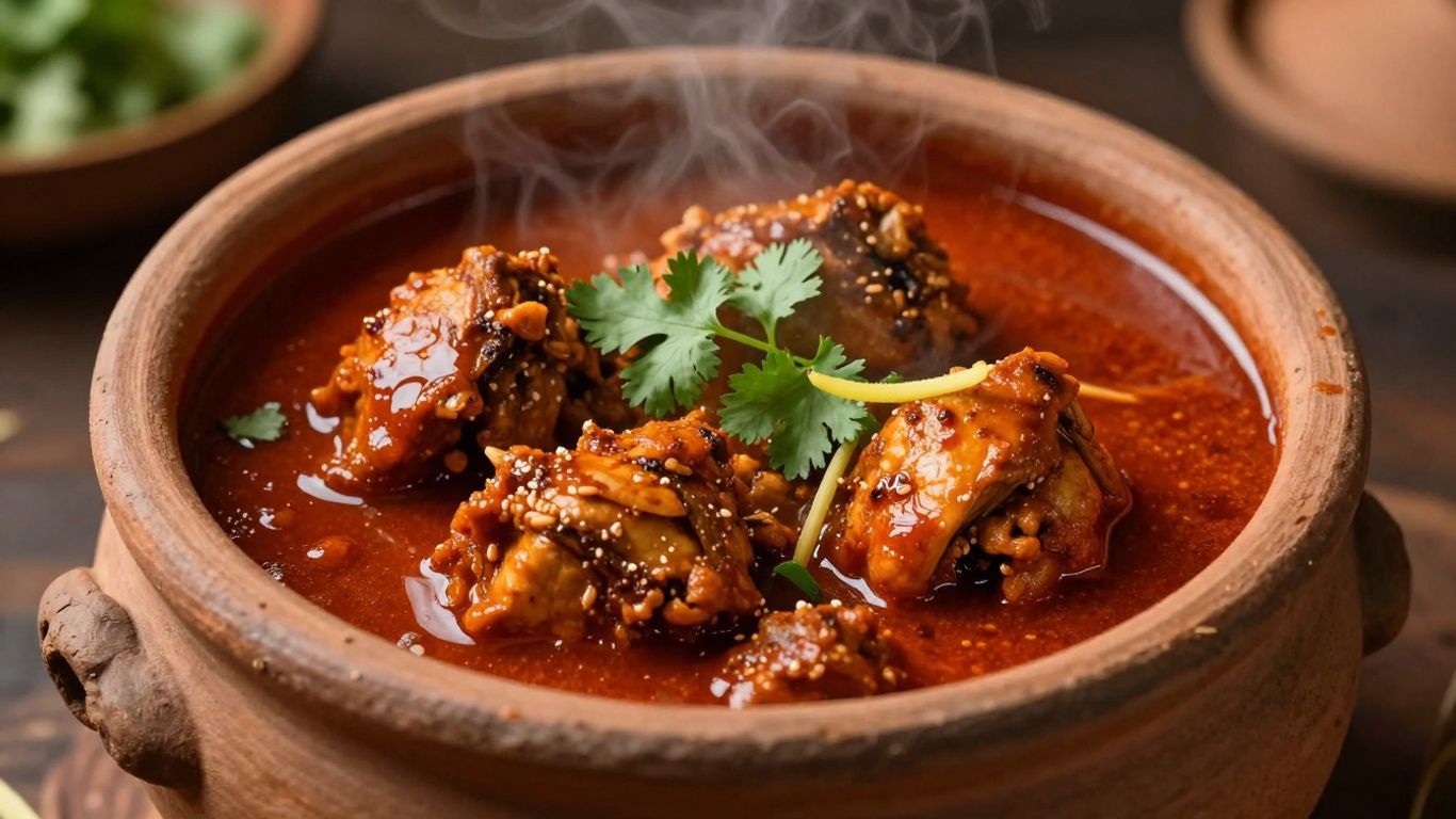 Authentic Desi chicken curry in a clay pot.