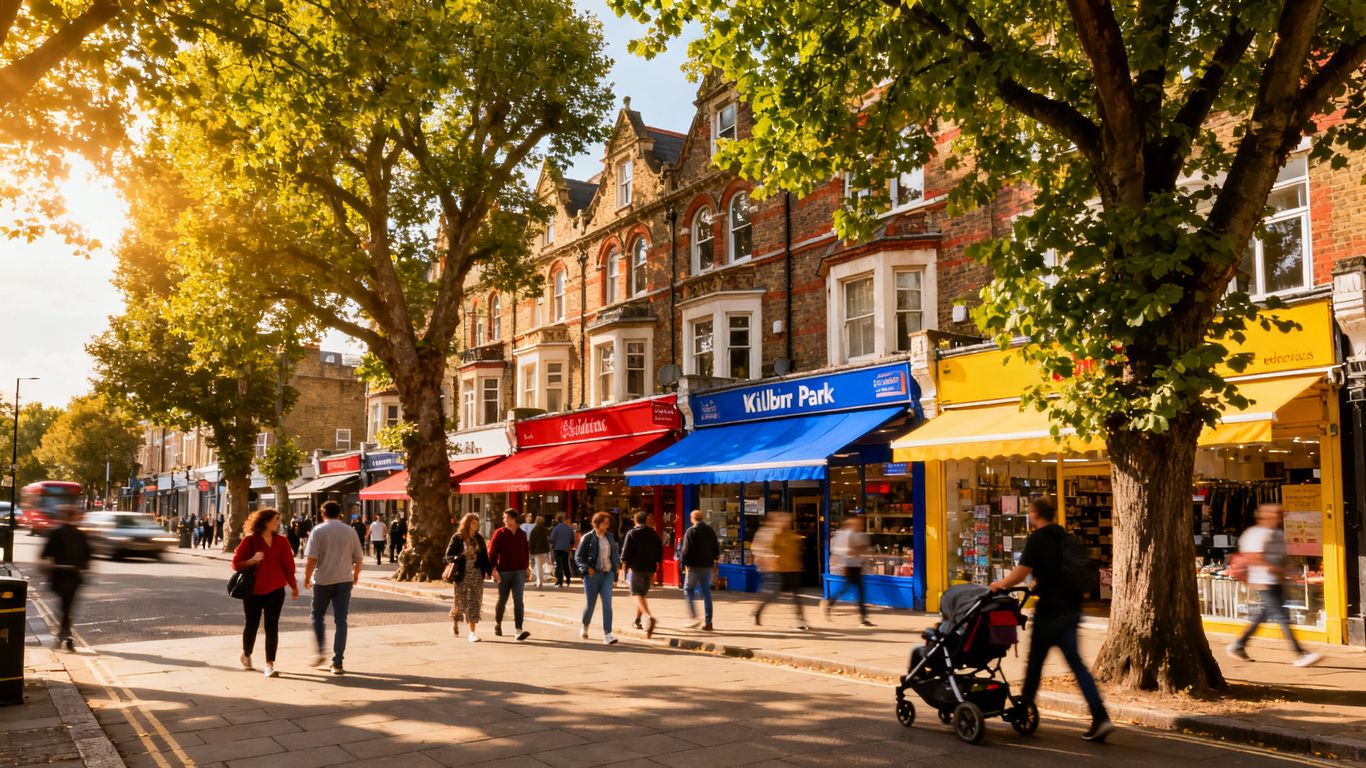 Historic Kilburn Park street with shops and people