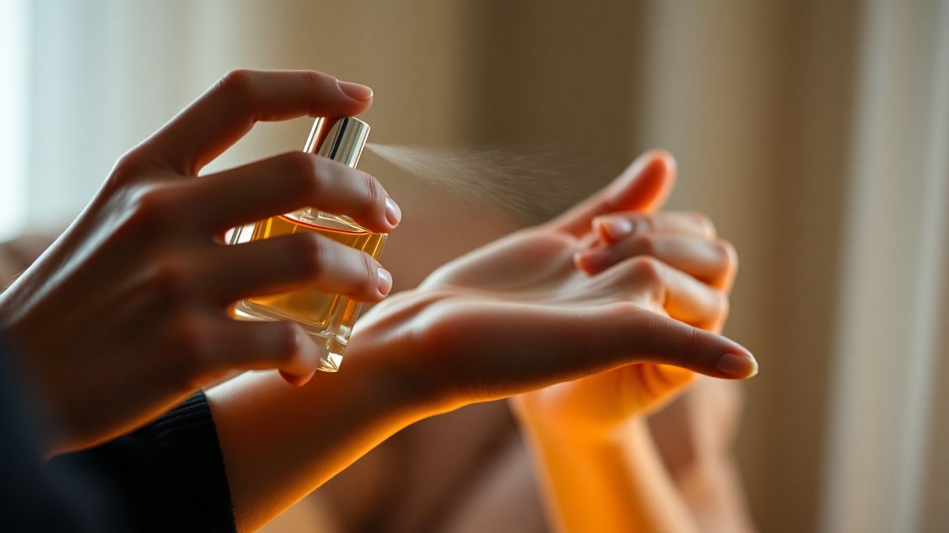 Person spraying perfume onto wrist