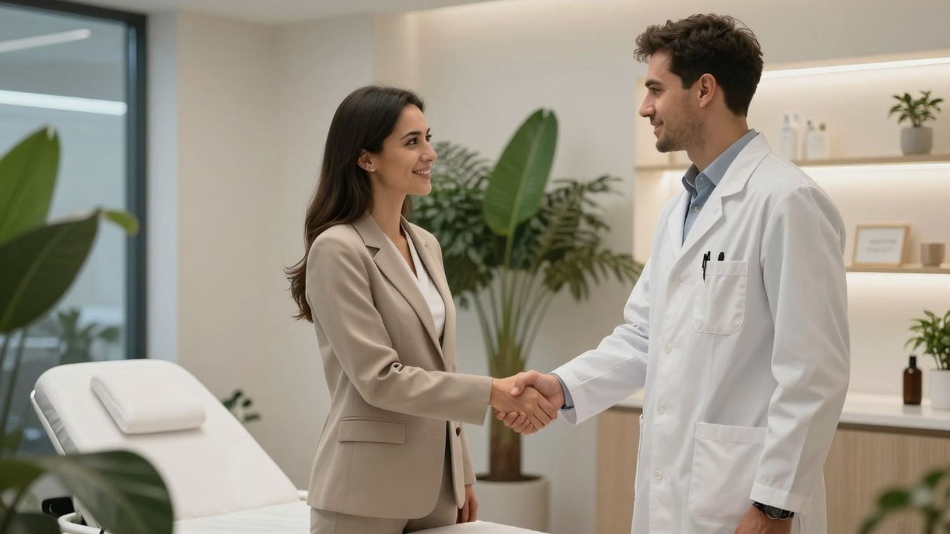 Medspa professionals shaking hands, symbolizing partnership and growth.